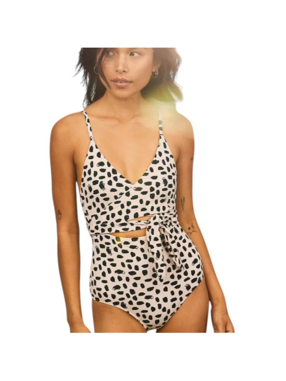 Aerie Wrap One Piece Pique Swimsuit Polka Dot Tie Waist Sz L